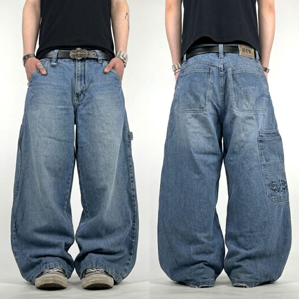 Vintage y2k rare cargo embroidered faded baggy wide leg skater jeans